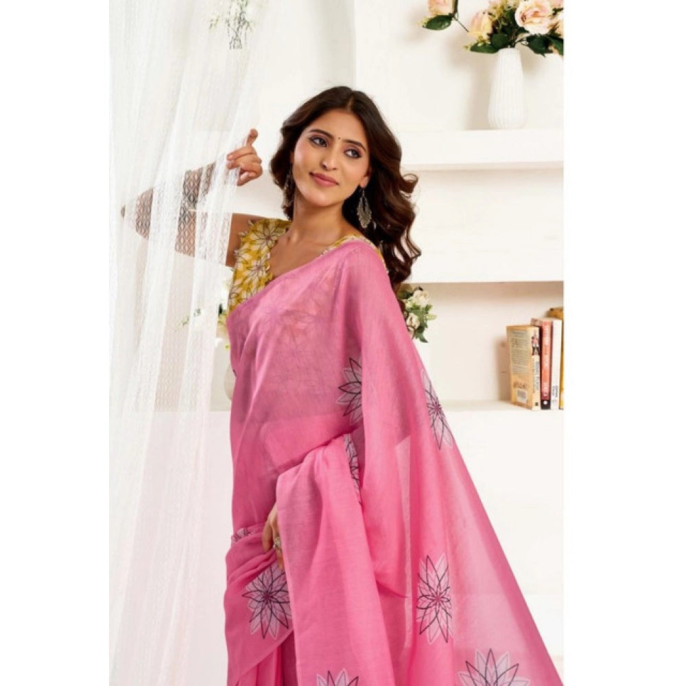 Women's Faux Linen Floral Print Ready to wear Saree With Unstitched Blouse 5.5Mtr (Pink) - VANSHELLE