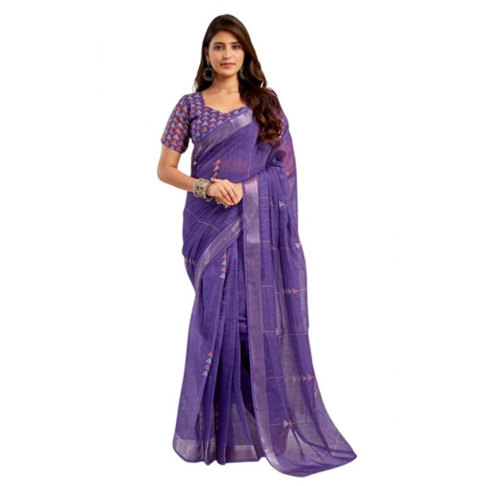 Women's Faux Linen Geometric Print Ready to wear Saree With Unstitched Blouse 5.5Mtr (Purple) - VANSHELLE