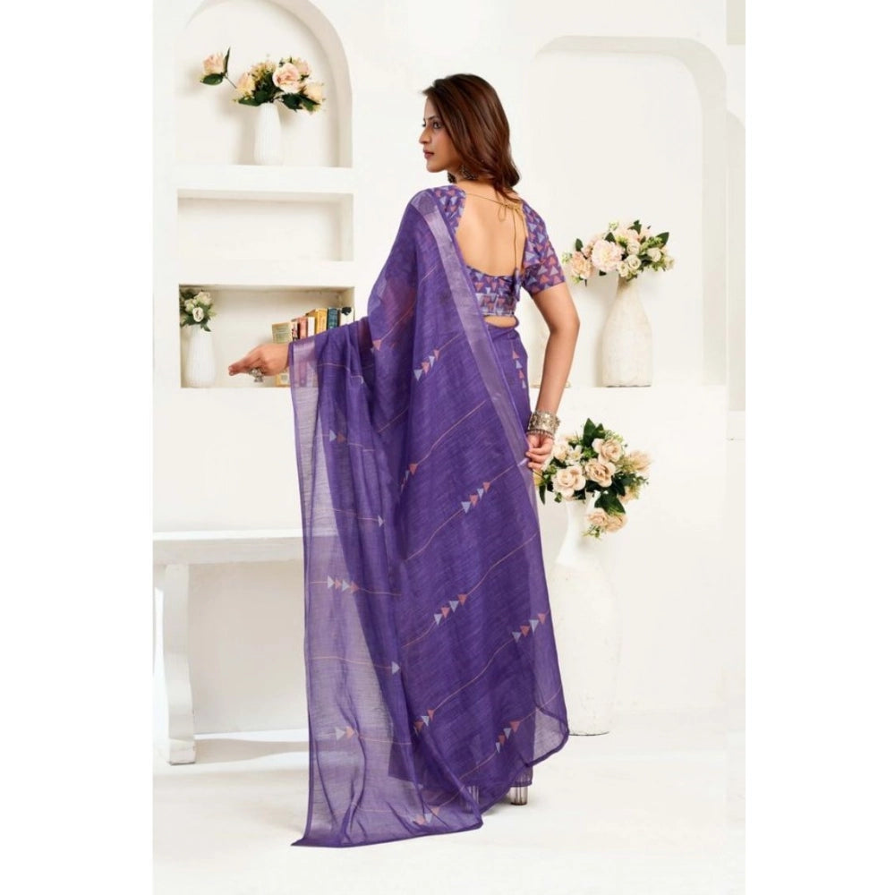 Women's Faux Linen Geometric Print Ready to wear Saree With Unstitched Blouse 5.5Mtr (Purple) - VANSHELLE
