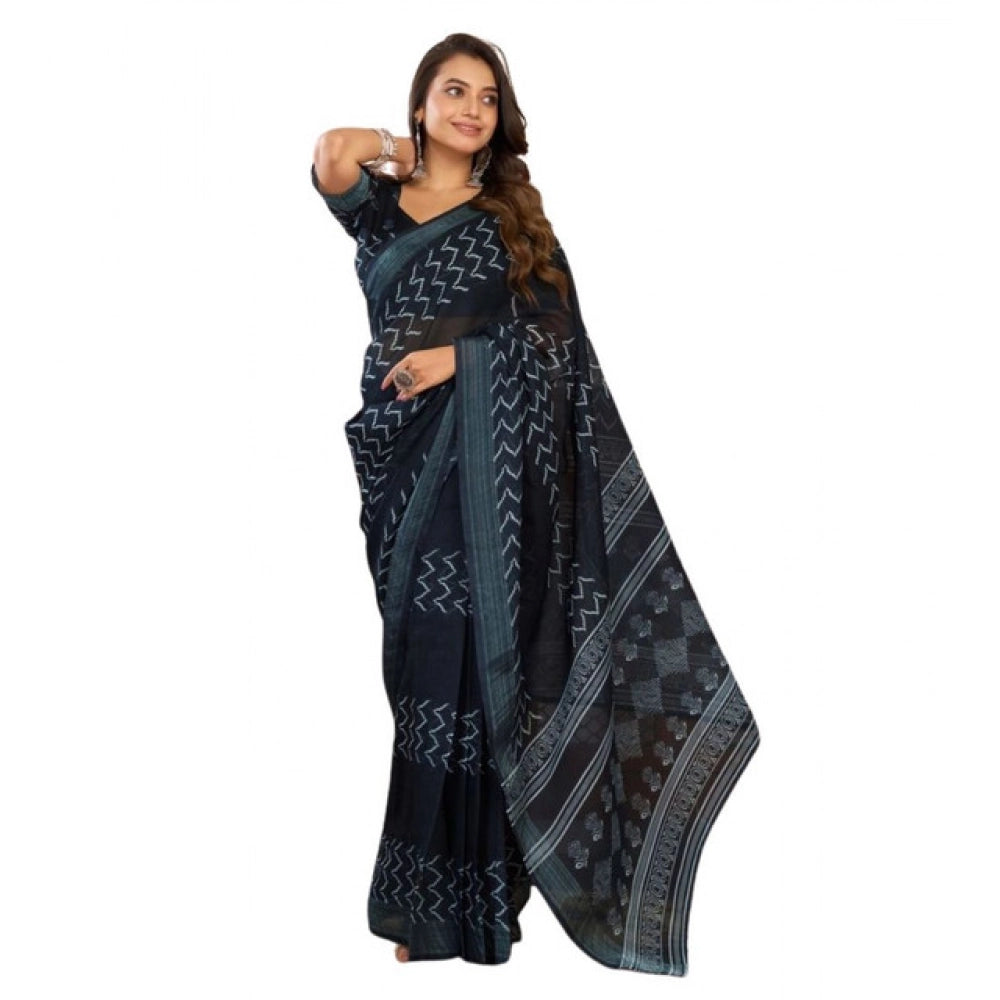 Women's Faux Linen Geometric Print Ready to wear Saree With Unstitched Blouse 5.5Mtr (Black) - VANSHELLE