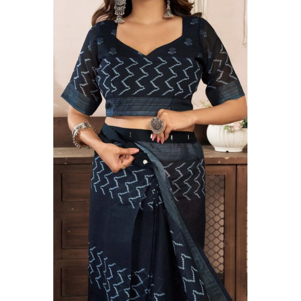 Women's Faux Linen Geometric Print Ready to wear Saree With Unstitched Blouse 5.5Mtr (Black) - VANSHELLE