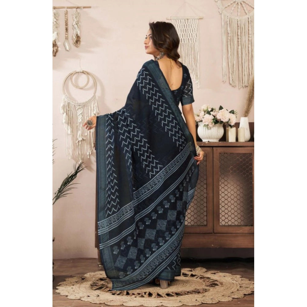 Women's Faux Linen Geometric Print Ready to wear Saree With Unstitched Blouse 5.5Mtr (Black) - VANSHELLE