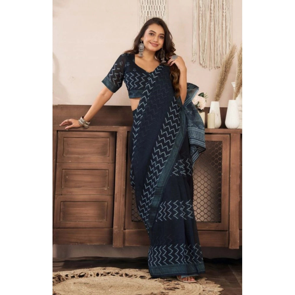Women's Faux Linen Geometric Print Ready to wear Saree With Unstitched Blouse 5.5Mtr (Black) - VANSHELLE