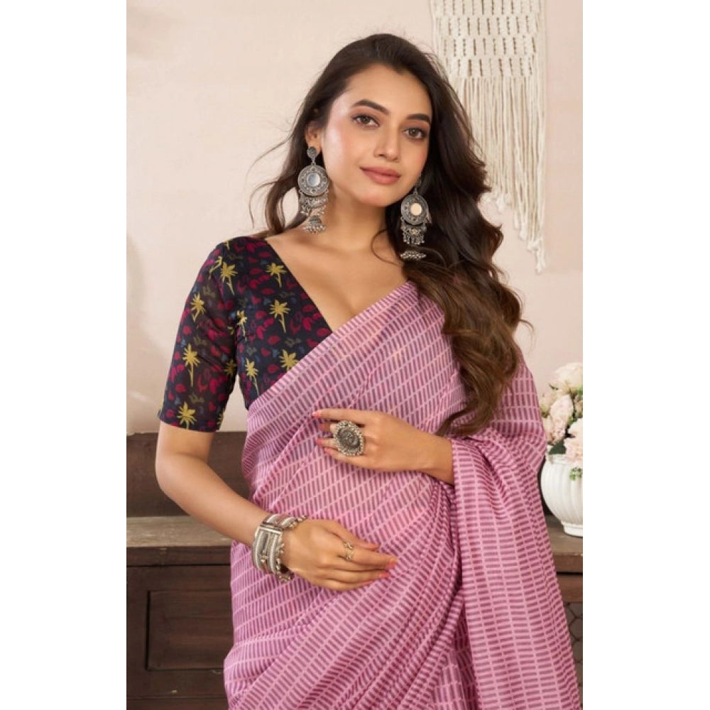Women's Faux Linen Geometric Ready to wear Saree With Unstitched Blouse 5.5Mtr (LightPink) - VANSHELLE