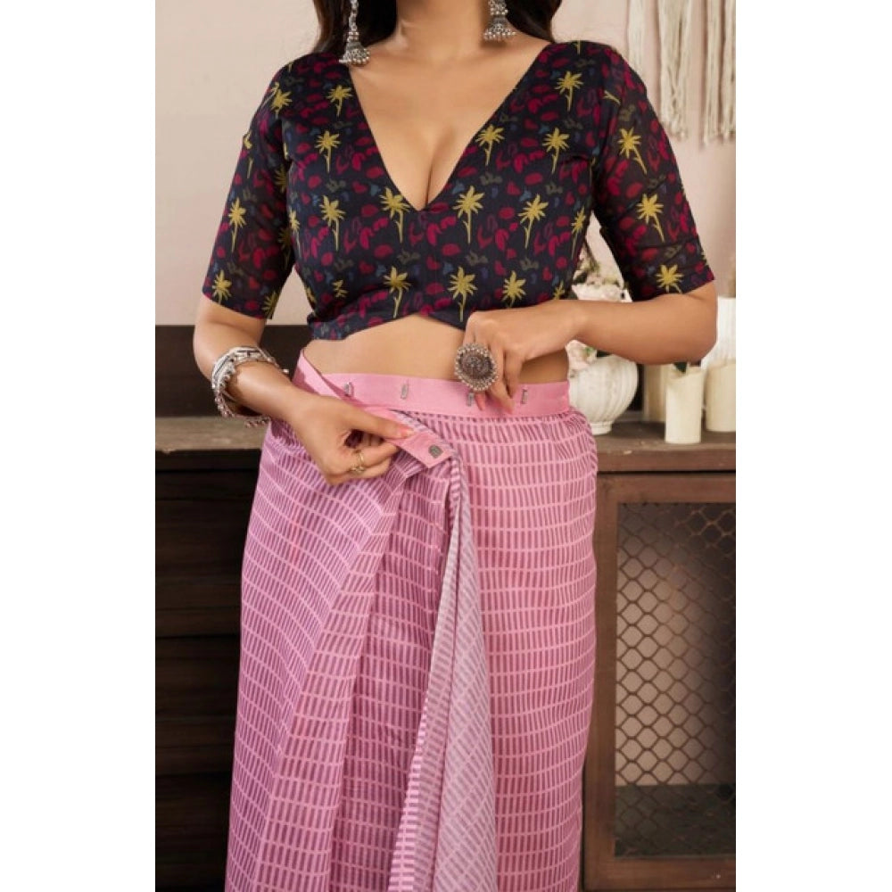 Women's Faux Linen Geometric Ready to wear Saree With Unstitched Blouse 5.5Mtr (LightPink) - VANSHELLE