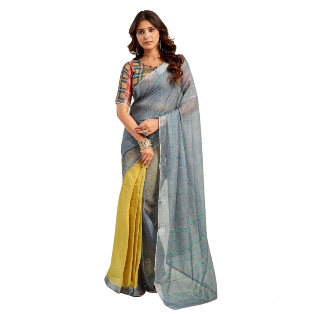 Women's Faux Linen Geometric Ready to wear Saree With Unstitched Blouse 5.5Mtr (Grey) - VANSHELLE