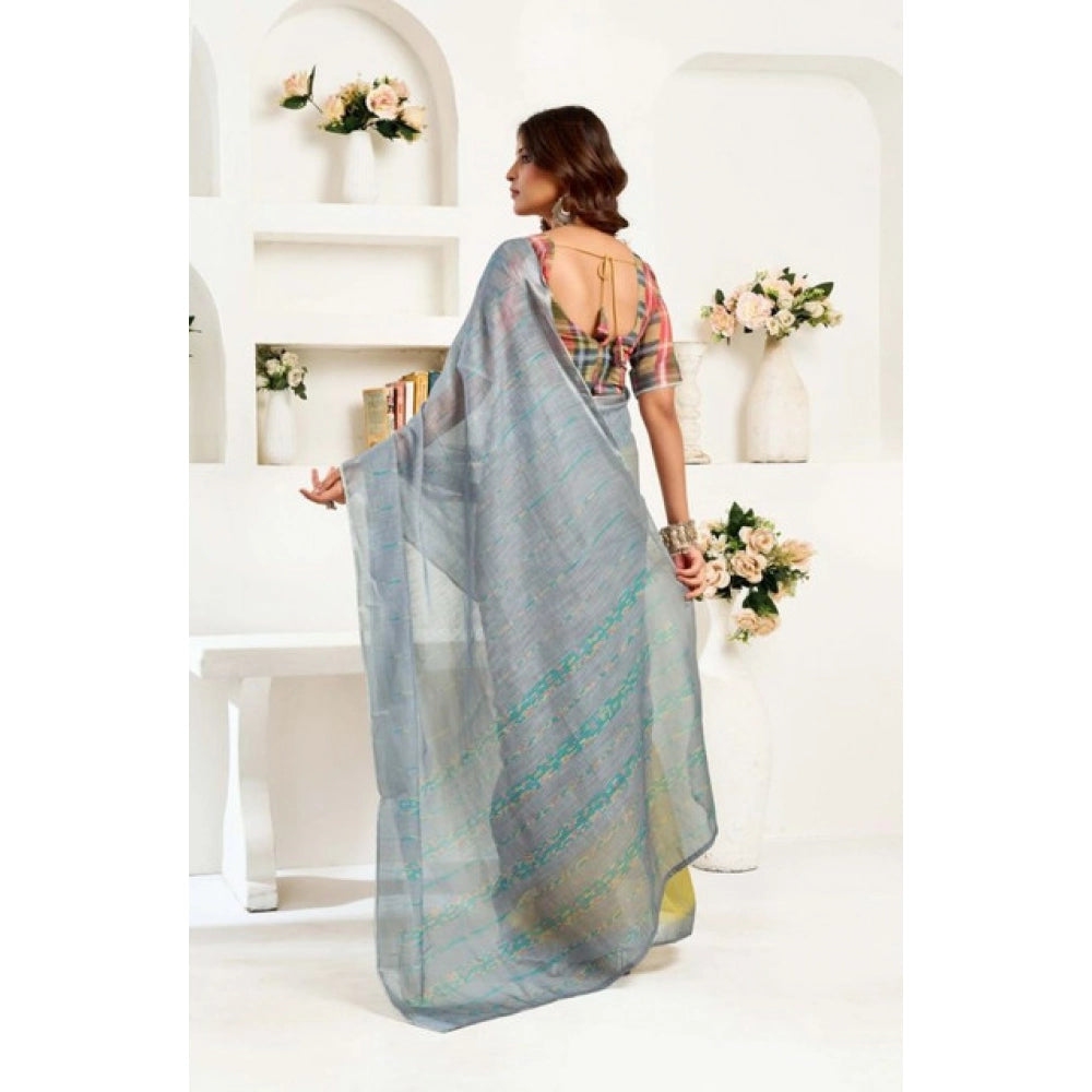 Women's Faux Linen Geometric Ready to wear Saree With Unstitched Blouse 5.5Mtr (Grey) - VANSHELLE
