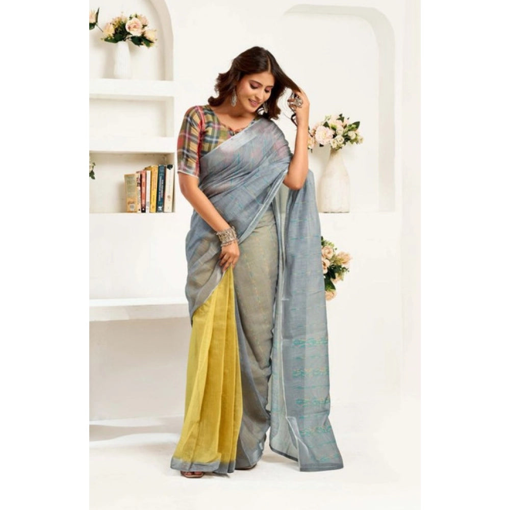 Women's Faux Linen Geometric Ready to wear Saree With Unstitched Blouse 5.5Mtr (Grey) - VANSHELLE
