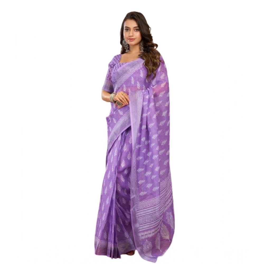 Women's Faux Linen Floral Ready to wear Saree With Unstitched Blouse 5.5Mtr (Lavender) - VANSHELLE
