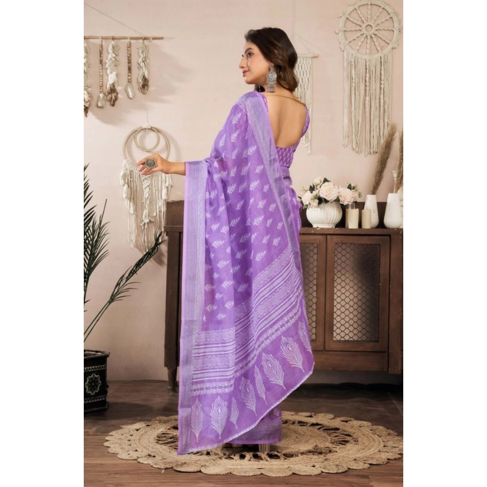 Women's Faux Linen Floral Ready to wear Saree With Unstitched Blouse 5.5Mtr (Lavender) - VANSHELLE