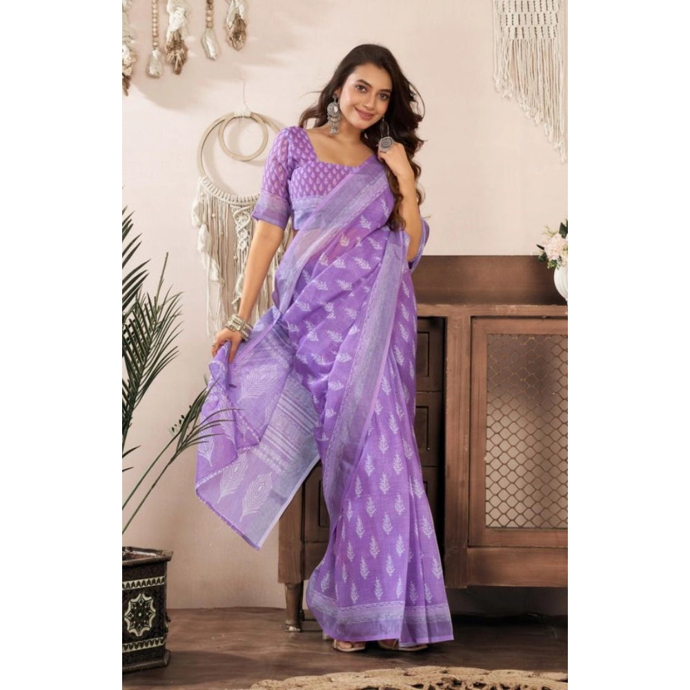 Women's Faux Linen Floral Ready to wear Saree With Unstitched Blouse 5.5Mtr (Lavender) - VANSHELLE