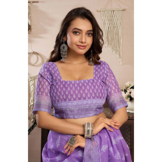 Women's Faux Linen Floral Ready to wear Saree With Unstitched Blouse 5.5Mtr (Lavender) - VANSHELLE