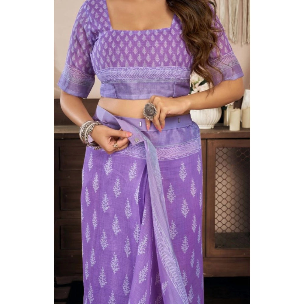 Women's Faux Linen Floral Ready to wear Saree With Unstitched Blouse 5.5Mtr (Lavender) - VANSHELLE