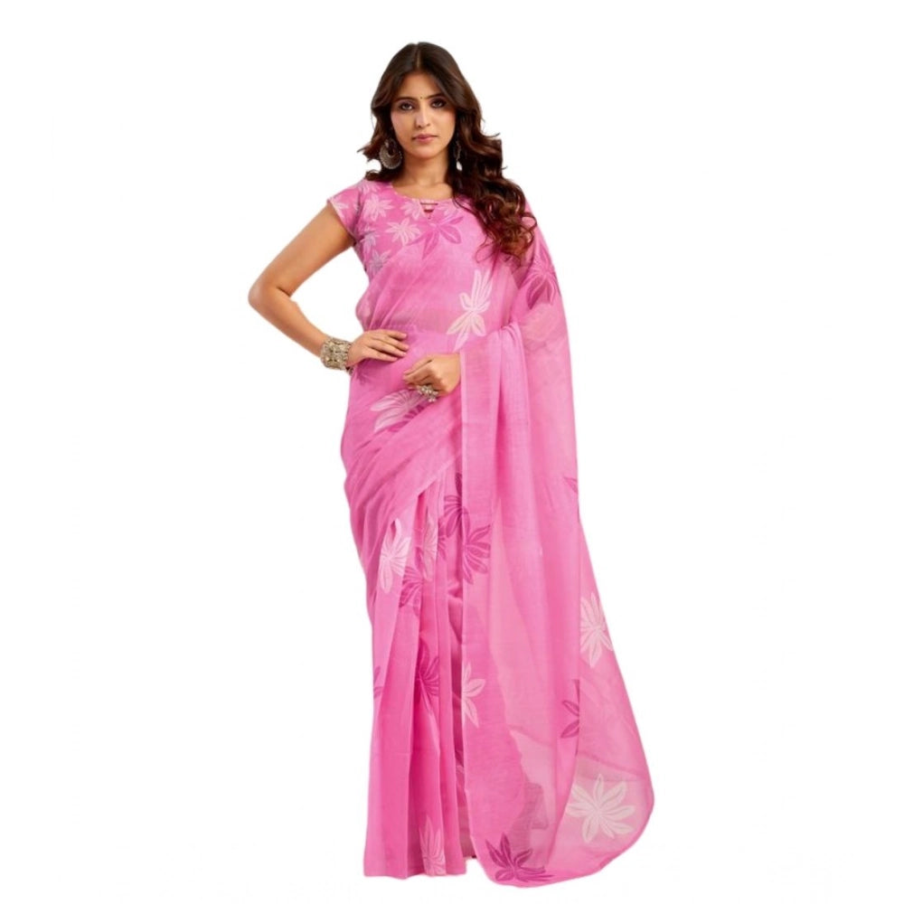 Women's Faux Linen Floral Ready to wear Saree With Unstitched Blouse 5.5Mtr (Light_Pink) - VANSHELLE