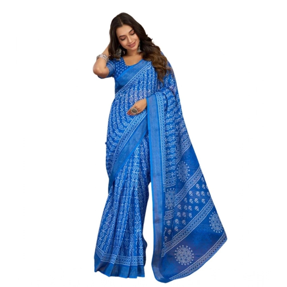 Women's Faux Linen Geometric Print Ready to wear Saree With Unstitched Blouse 5.5Mtr (Blue) - VANSHELLE