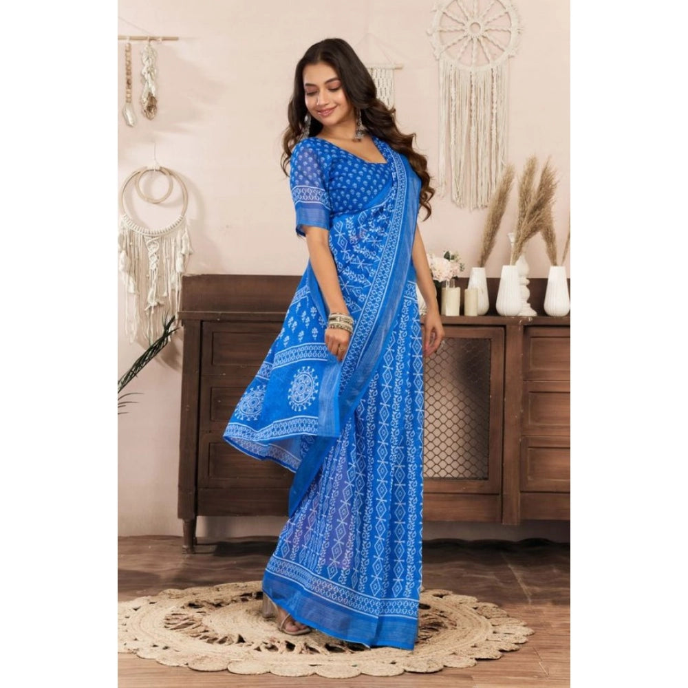 Women's Faux Linen Geometric Print Ready to wear Saree With Unstitched Blouse 5.5Mtr (Blue) - VANSHELLE