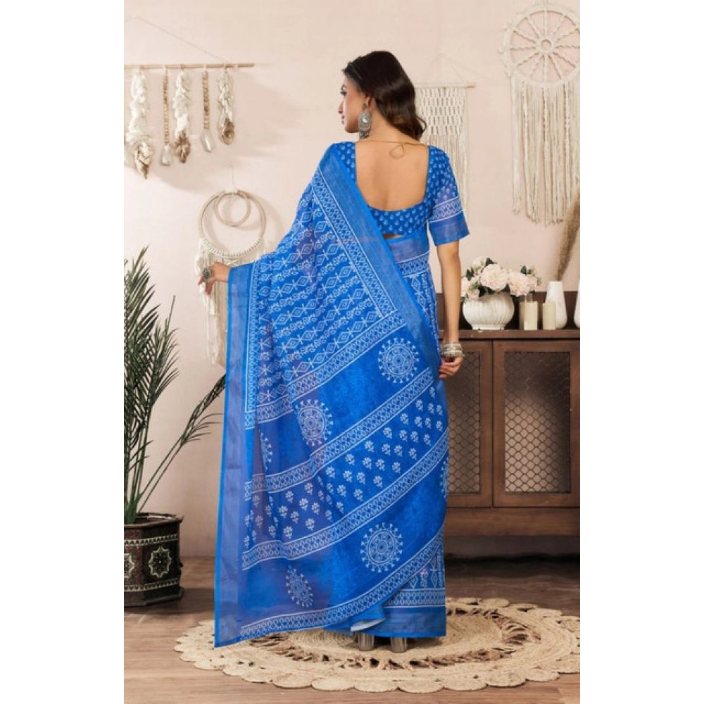 Women's Faux Linen Geometric Print Ready to wear Saree With Unstitched Blouse 5.5Mtr (Blue) - VANSHELLE
