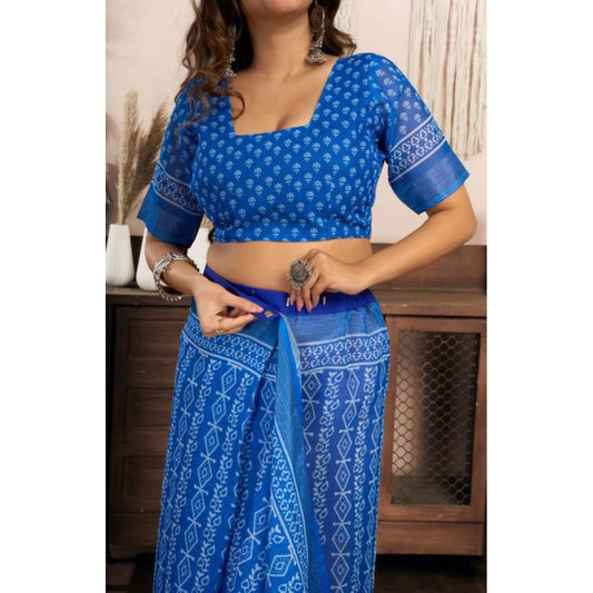 Women's Faux Linen Geometric Print Ready to wear Saree With Unstitched Blouse 5.5Mtr (Blue) - VANSHELLE