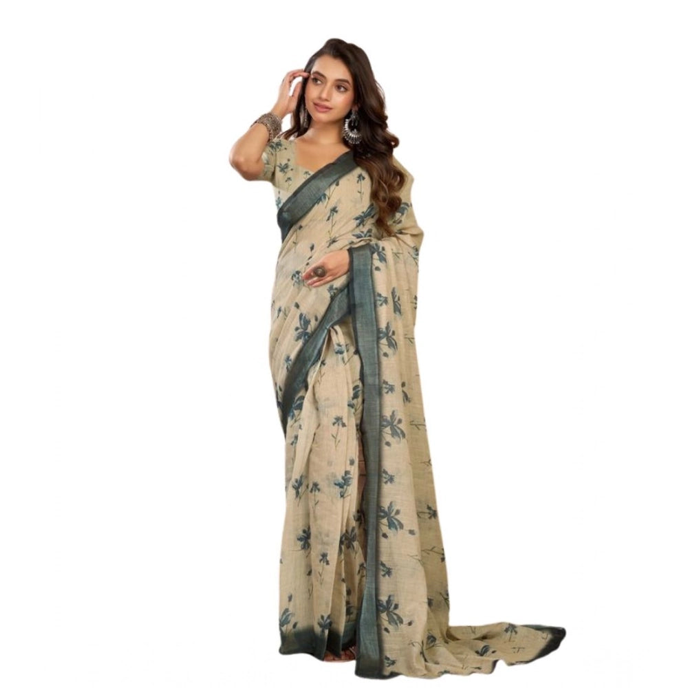 Women's Faux Linen Floral Print Ready to wear Saree With Unstitched Blouse 5.5Mtr (LightBeige) - VANSHELLE