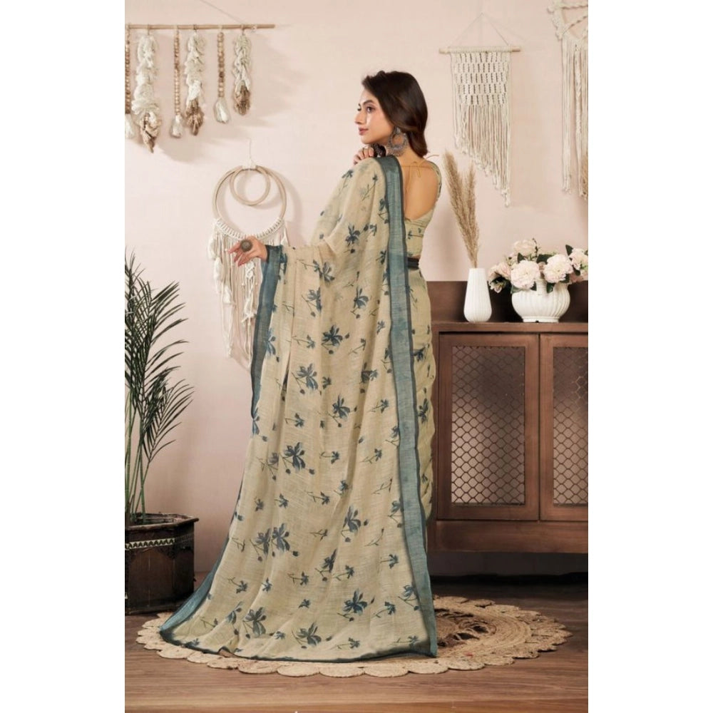 Women's Faux Linen Floral Print Ready to wear Saree With Unstitched Blouse 5.5Mtr (LightBeige) - VANSHELLE