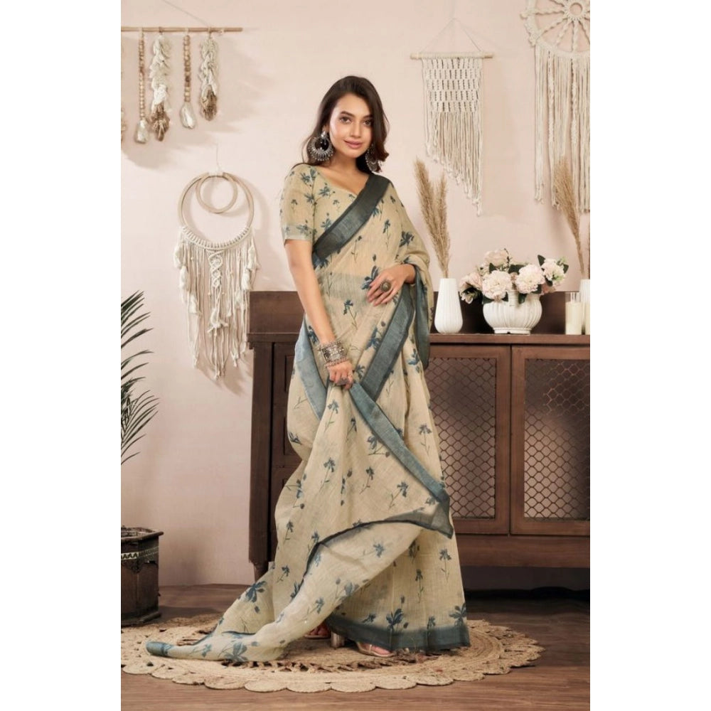 Women's Faux Linen Floral Print Ready to wear Saree With Unstitched Blouse 5.5Mtr (LightBeige) - VANSHELLE