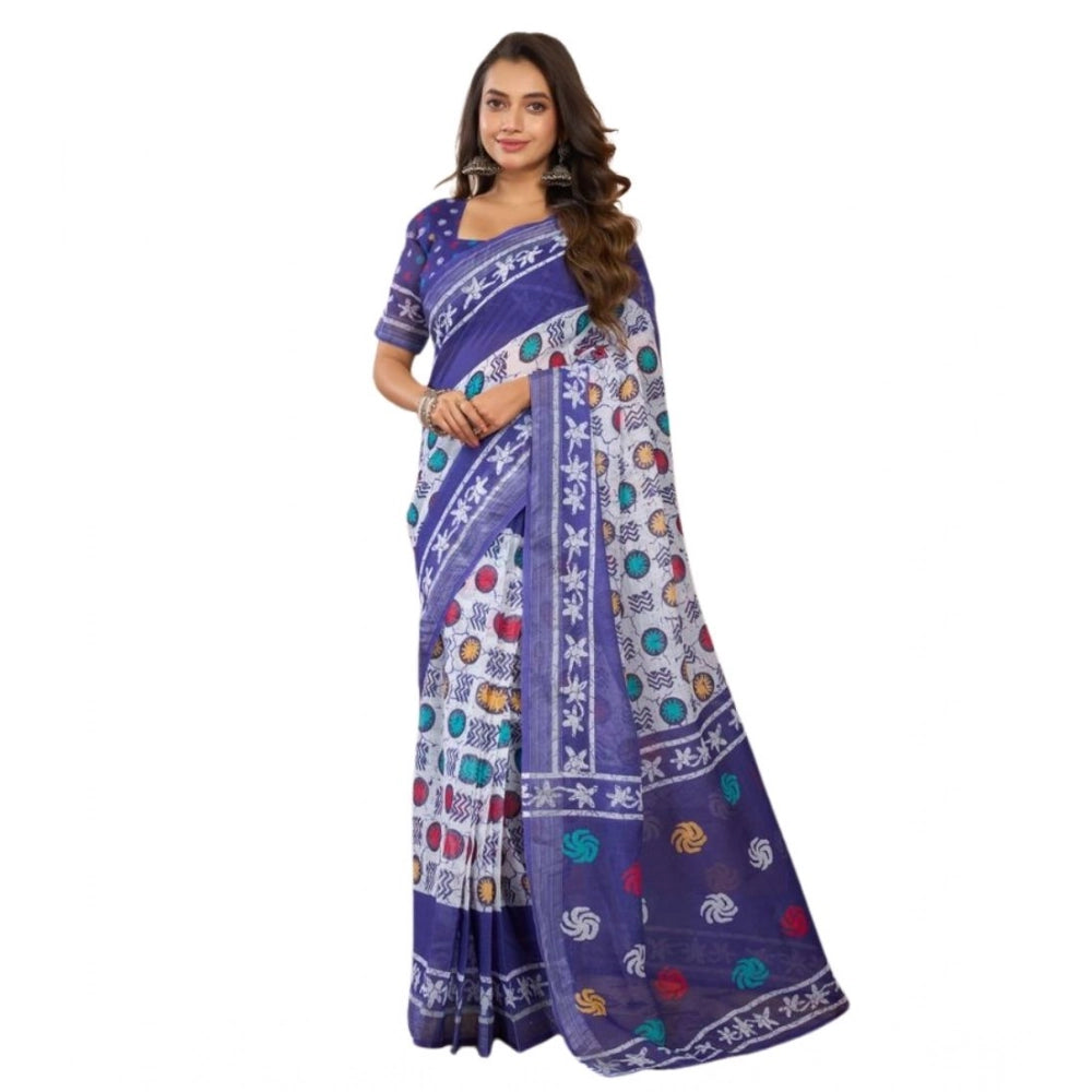 Women's Faux Linen Geometric Print Ready to wear Saree With Unstitched Blouse 5.5Mtr (Blue) - VANSHELLE