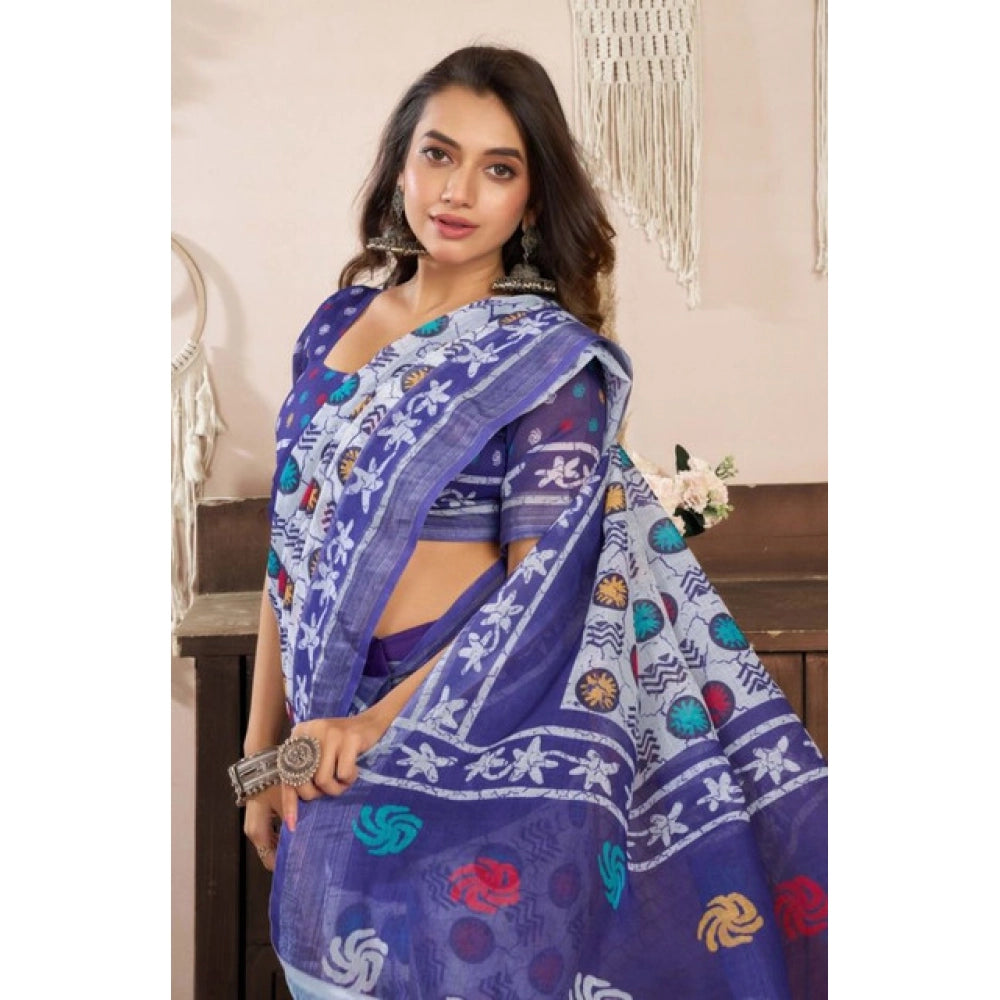 Women's Faux Linen Geometric Print Ready to wear Saree With Unstitched Blouse 5.5Mtr (Blue) - VANSHELLE