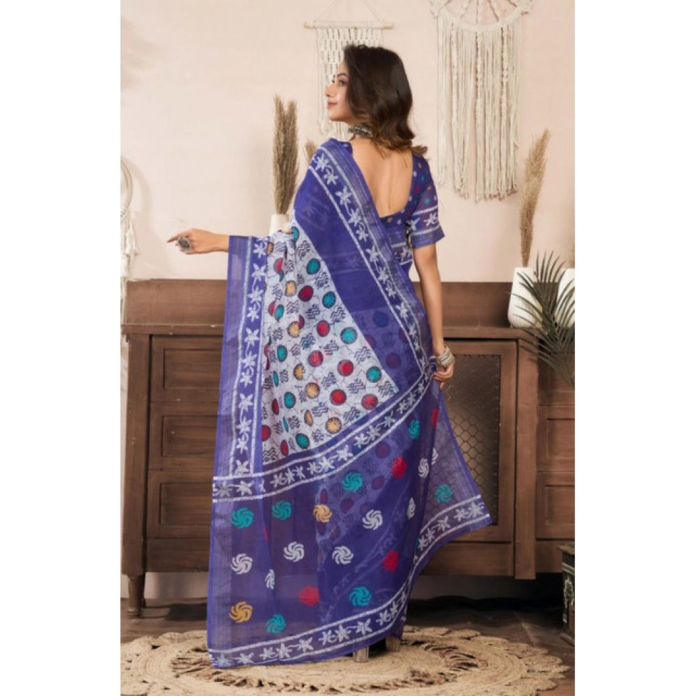 Women's Faux Linen Geometric Print Ready to wear Saree With Unstitched Blouse 5.5Mtr (Blue) - VANSHELLE