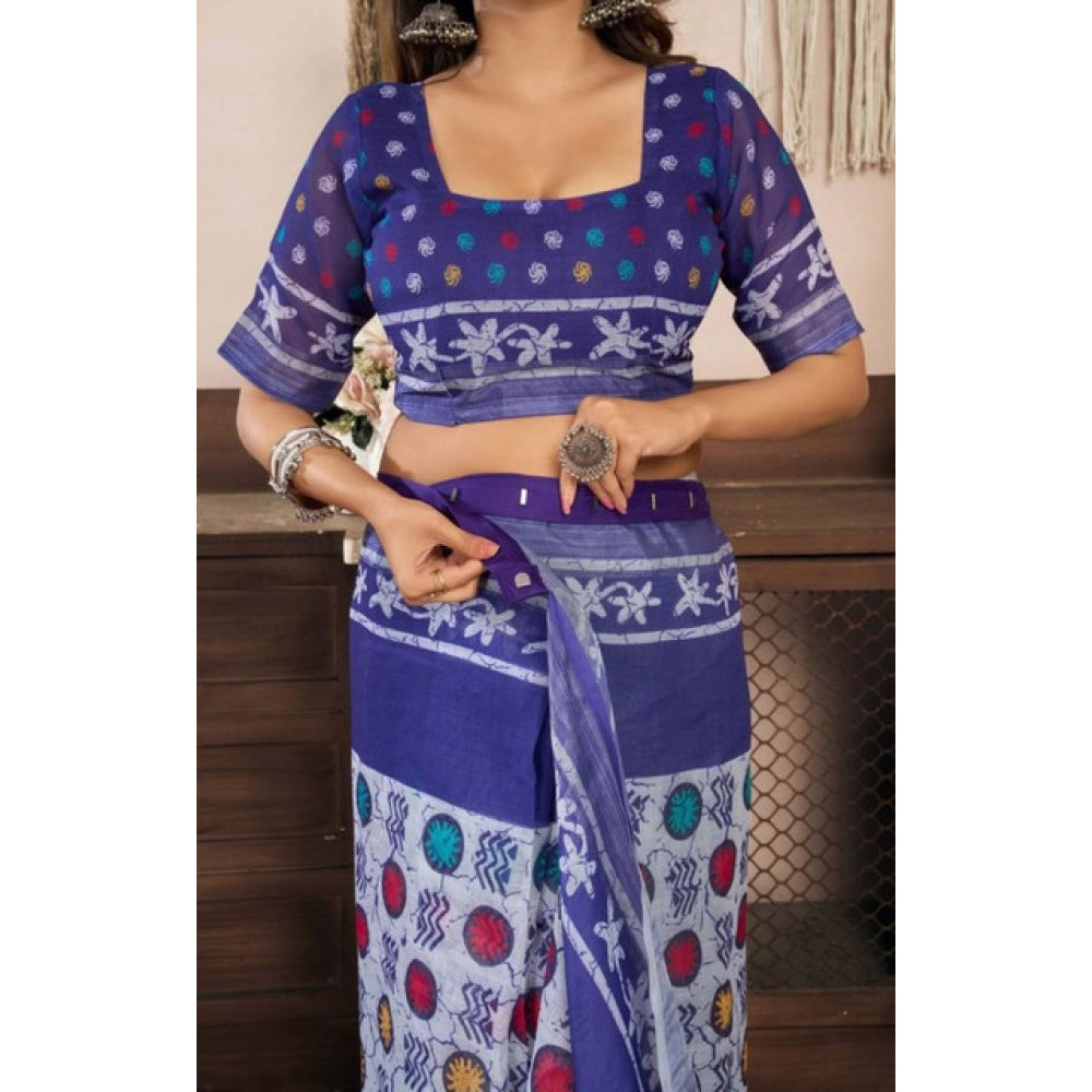 Women's Faux Linen Geometric Print Ready to wear Saree With Unstitched Blouse 5.5Mtr (Blue) - VANSHELLE