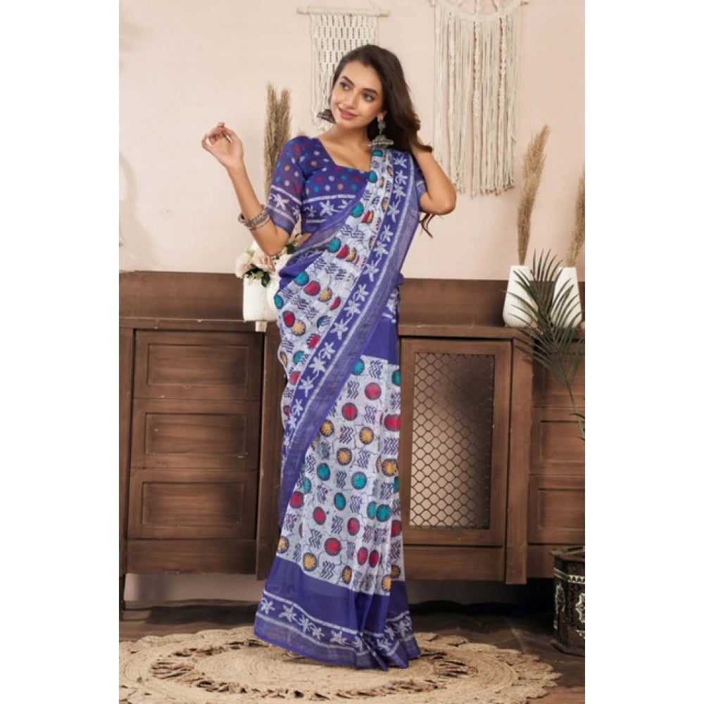Women's Faux Linen Geometric Print Ready to wear Saree With Unstitched Blouse 5.5Mtr (Blue) - VANSHELLE