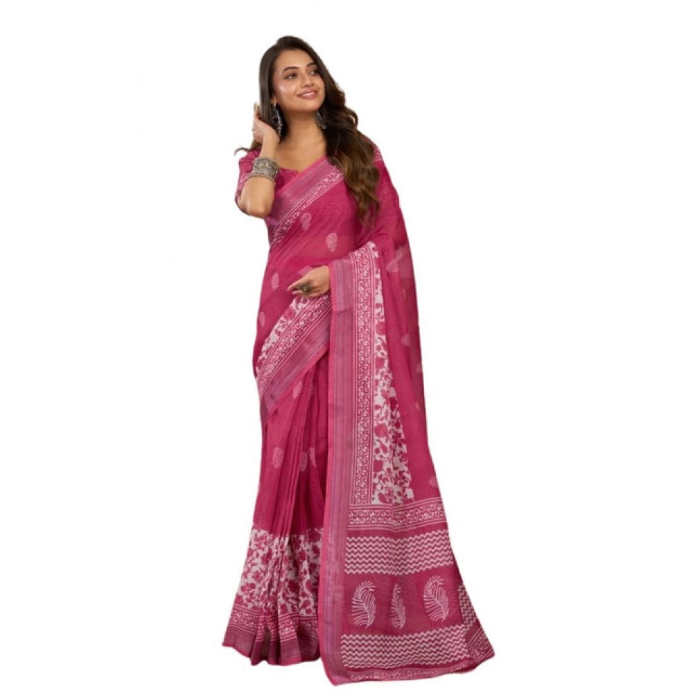 Women's Faux Linen Floral Print Ready to wear Saree With Unstitched Blouse 5.5Mtr (Pink) - VANSHELLE