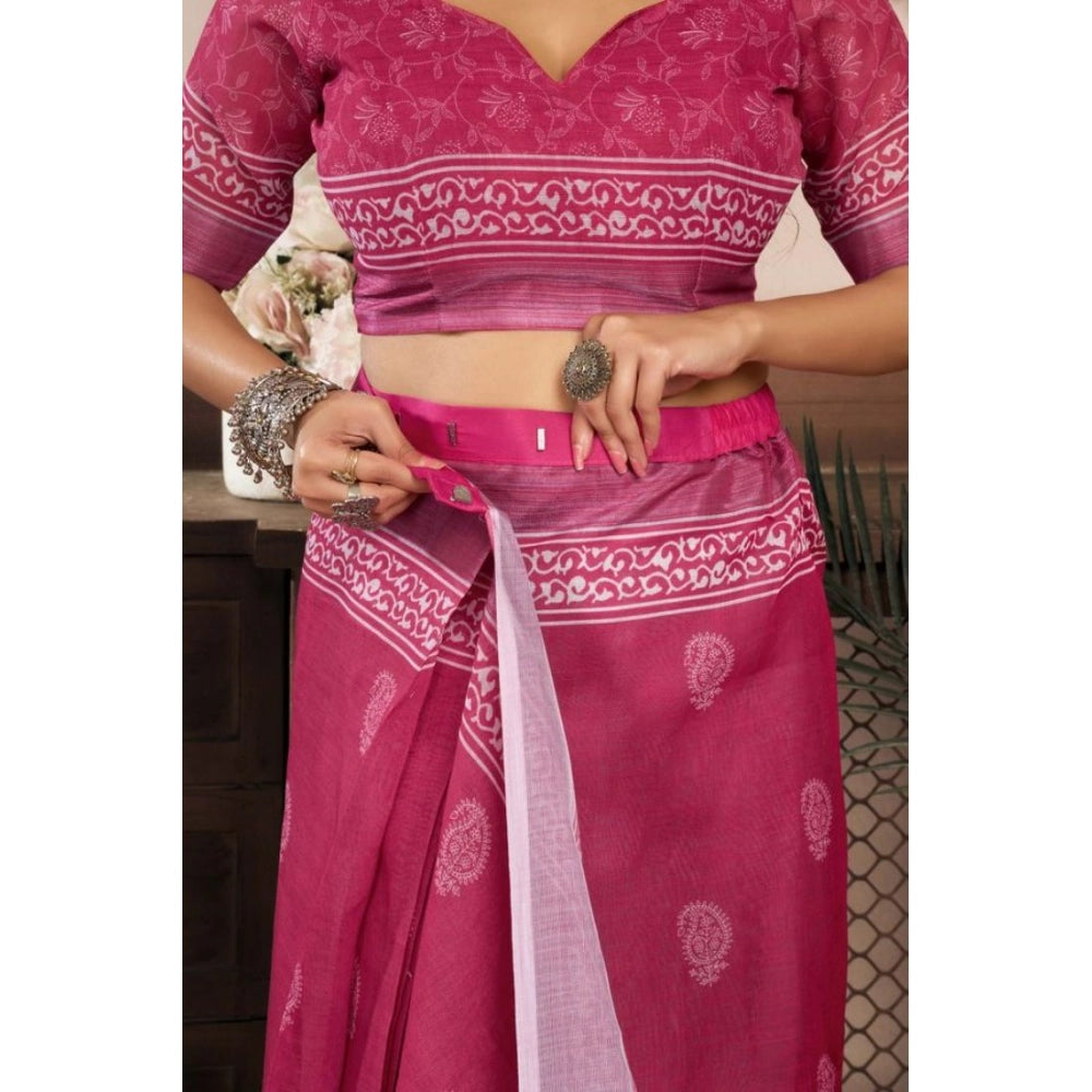 Women's Faux Linen Floral Print Ready to wear Saree With Unstitched Blouse 5.5Mtr (Pink) - VANSHELLE