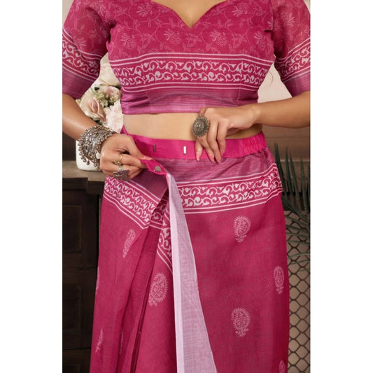 Women's Faux Linen Floral Print Ready to wear Saree With Unstitched Blouse 5.5Mtr (Pink) - VANSHELLE