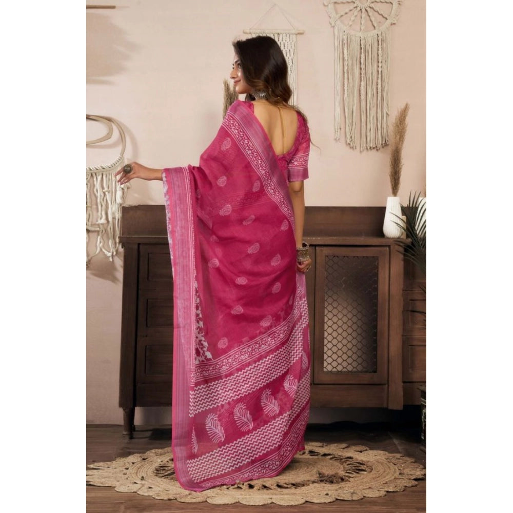 Women's Faux Linen Floral Print Ready to wear Saree With Unstitched Blouse 5.5Mtr (Pink) - VANSHELLE