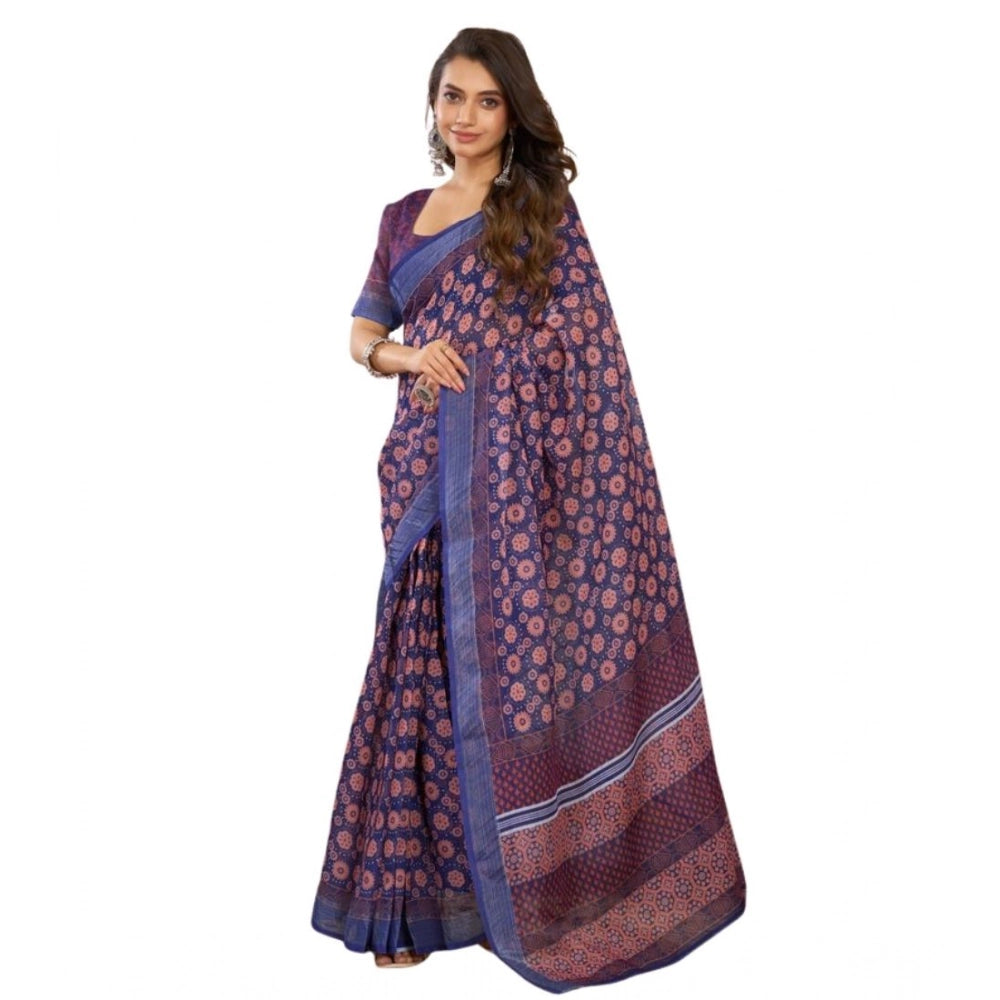 Women's Faux Linen Floral Print Ready to wear Saree With Unstitched Blouse 5.5Mtr (Dark_NavyBlue) - VANSHELLE