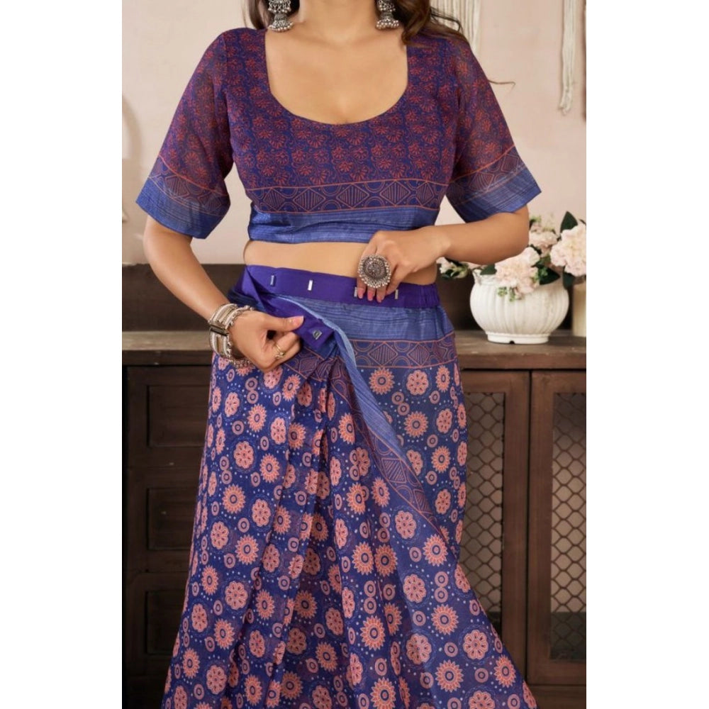 Women's Faux Linen Floral Print Ready to wear Saree With Unstitched Blouse 5.5Mtr (Dark_NavyBlue) - VANSHELLE