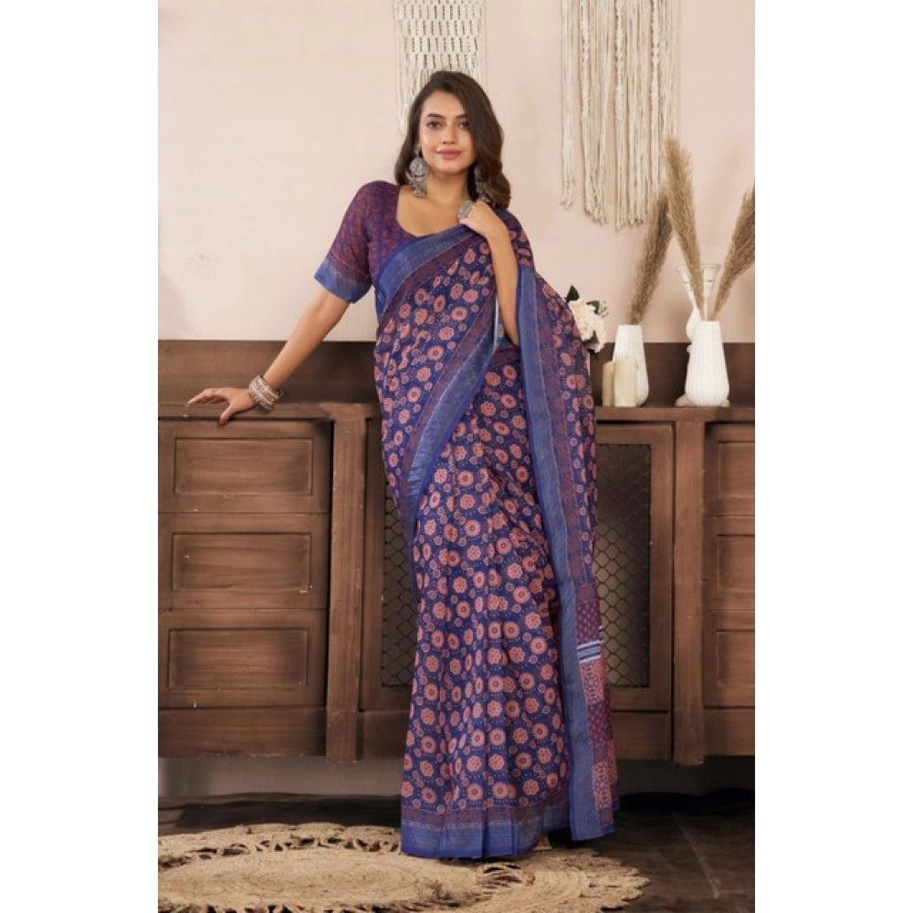 Women's Faux Linen Floral Print Ready to wear Saree With Unstitched Blouse 5.5Mtr (Dark_NavyBlue) - VANSHELLE