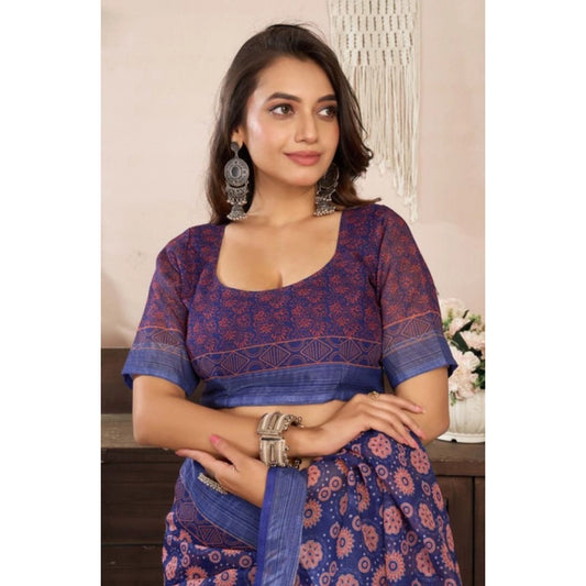 Women's Faux Linen Floral Print Ready to wear Saree With Unstitched Blouse 5.5Mtr (Dark_NavyBlue) - VANSHELLE