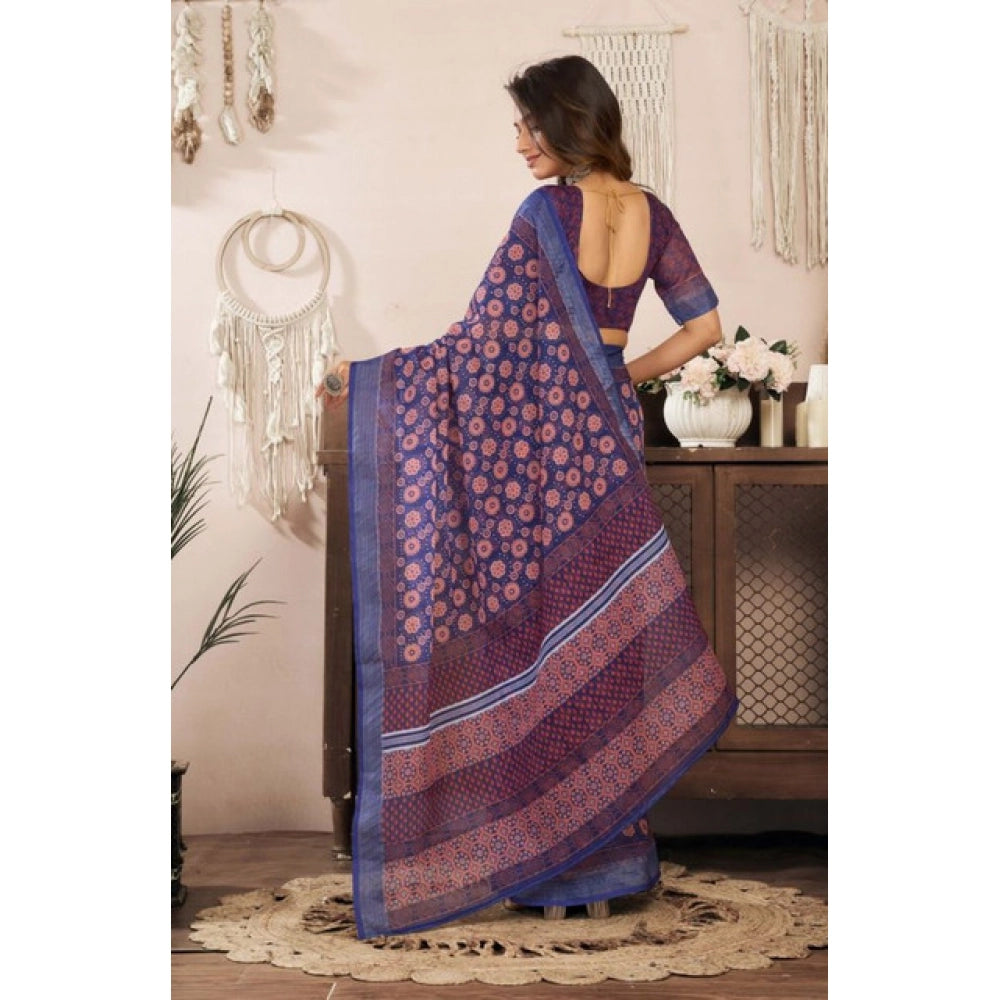 Women's Faux Linen Floral Print Ready to wear Saree With Unstitched Blouse 5.5Mtr (Dark_NavyBlue) - VANSHELLE