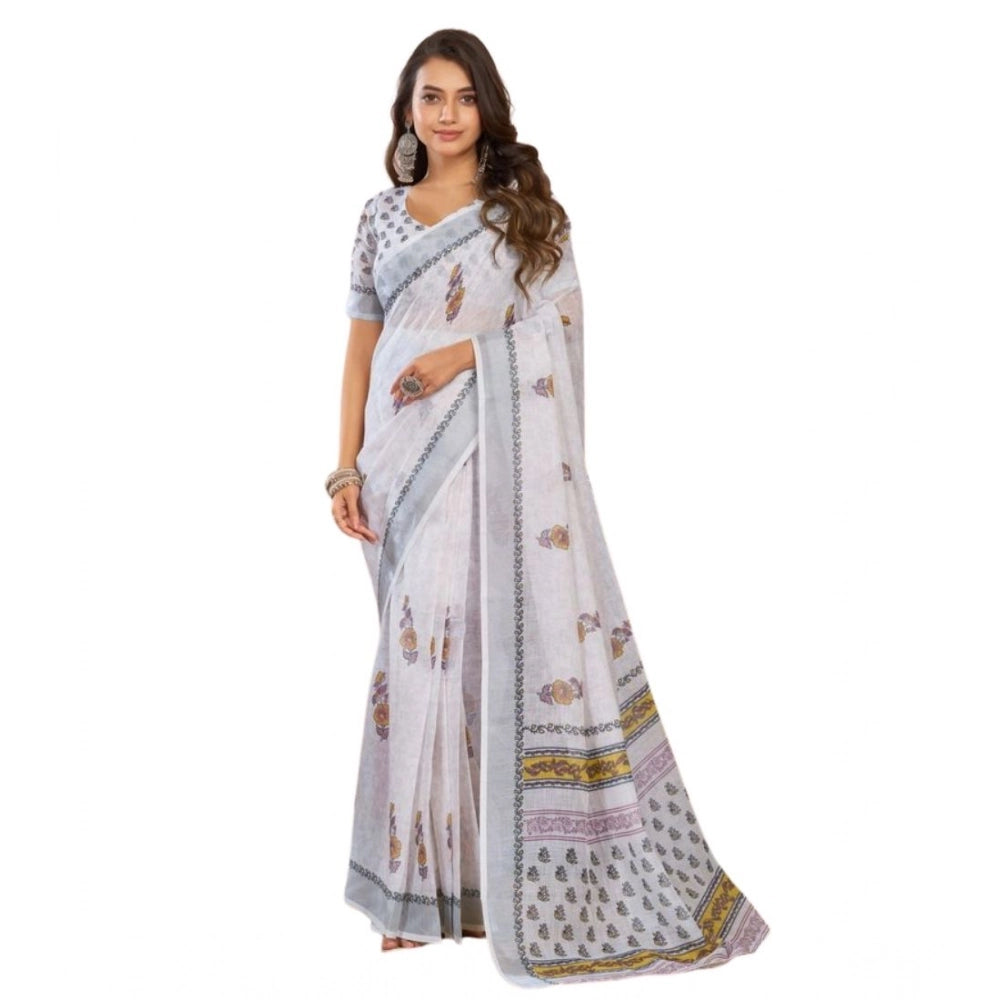 Women's Faux Linen Floral Print Ready to wear Saree With Unstitched Blouse 5.5Mtr (Off_White) - VANSHELLE