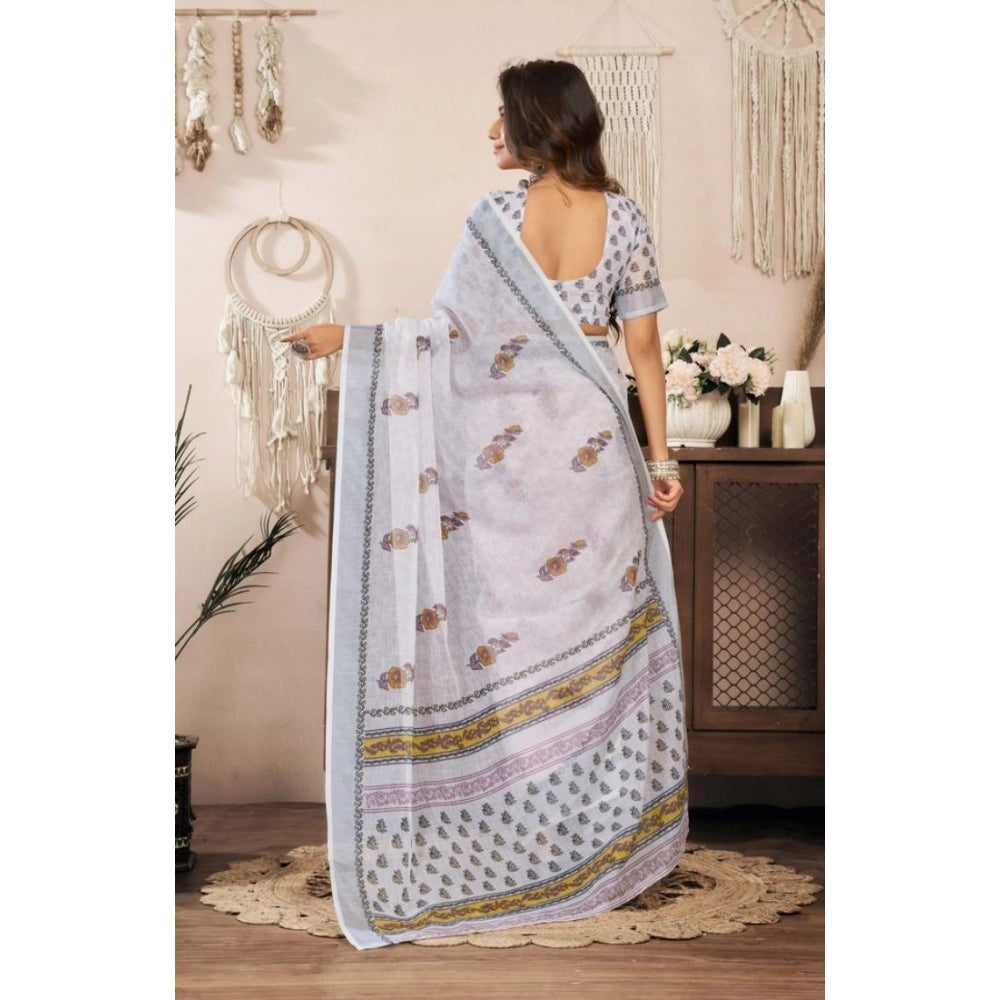 Women's Faux Linen Floral Print Ready to wear Saree With Unstitched Blouse 5.5Mtr (Off_White) - VANSHELLE