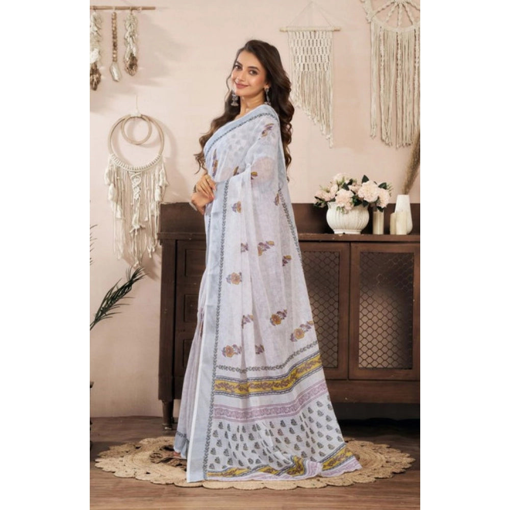 Women's Faux Linen Floral Print Ready to wear Saree With Unstitched Blouse 5.5Mtr (Off_White) - VANSHELLE