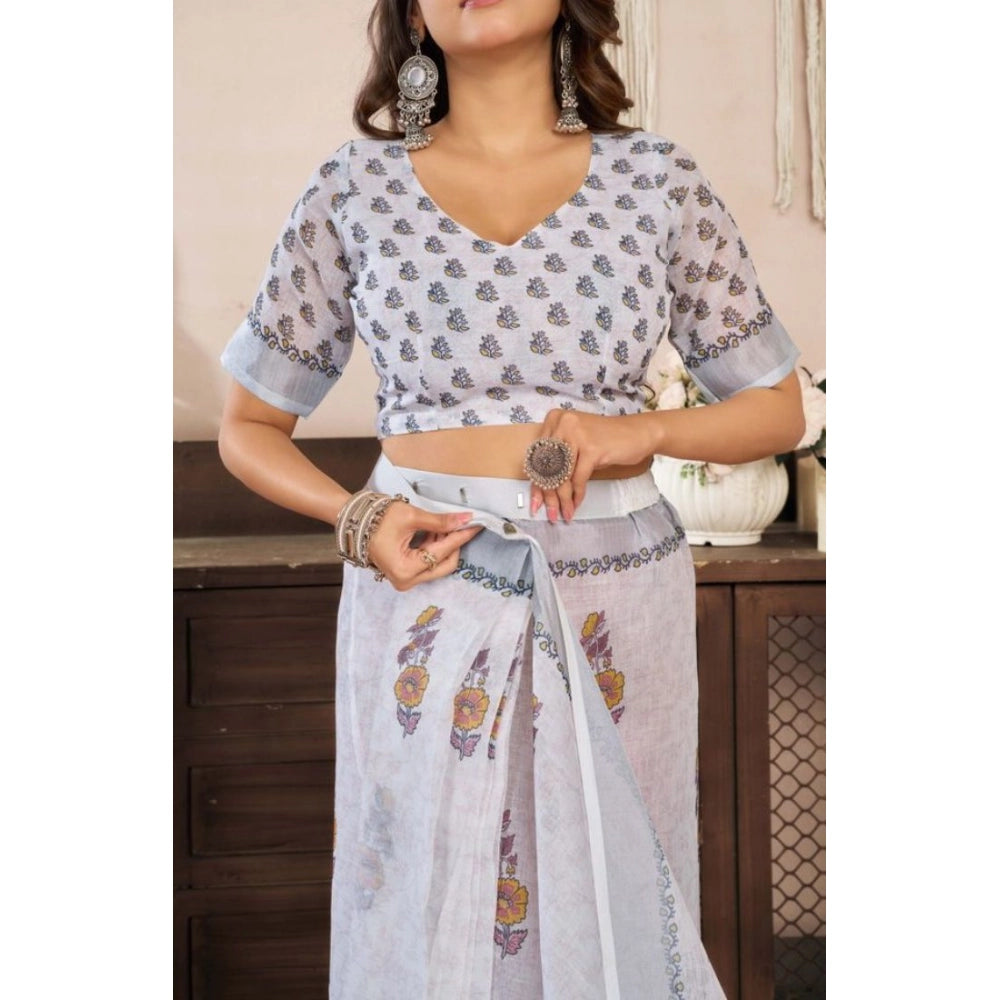 Women's Faux Linen Floral Print Ready to wear Saree With Unstitched Blouse 5.5Mtr (Off_White) - VANSHELLE