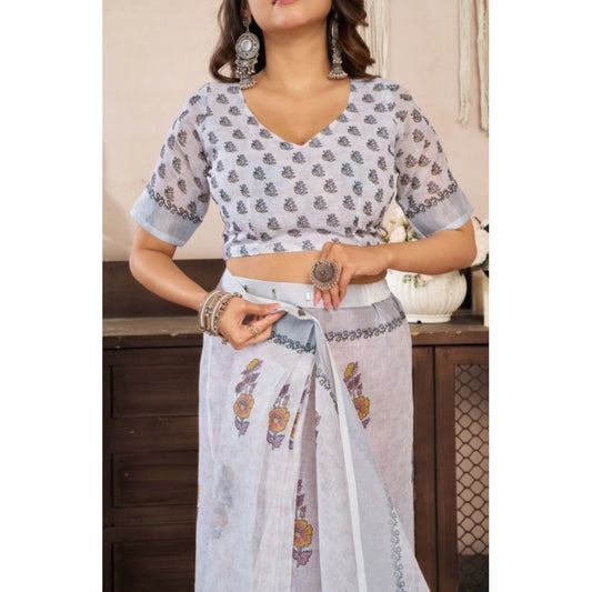Women's Faux Linen Floral Print Ready to wear Saree With Unstitched Blouse 5.5Mtr (Off_White) - VANSHELLE