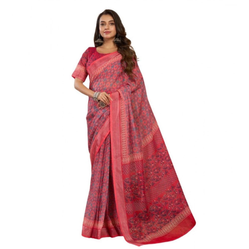 Women's Faux Linen Geometric Print Ready to wear Saree With Unstitched Blouse 5.5Mtr (Red) - VANSHELLE