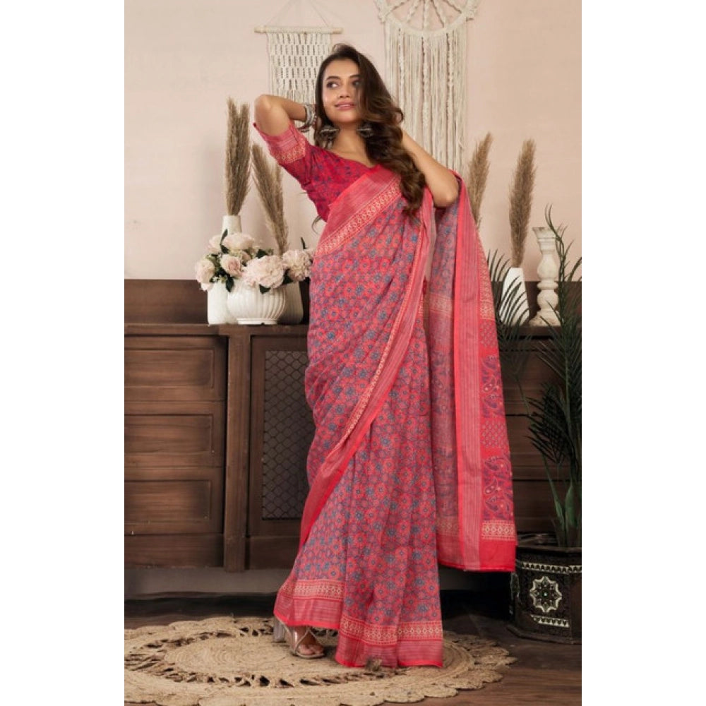 Women's Faux Linen Geometric Print Ready to wear Saree With Unstitched Blouse 5.5Mtr (Red) - VANSHELLE