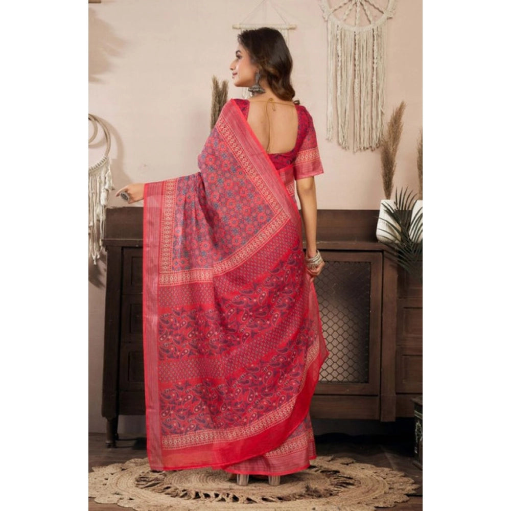 Women's Faux Linen Geometric Print Ready to wear Saree With Unstitched Blouse 5.5Mtr (Red) - VANSHELLE