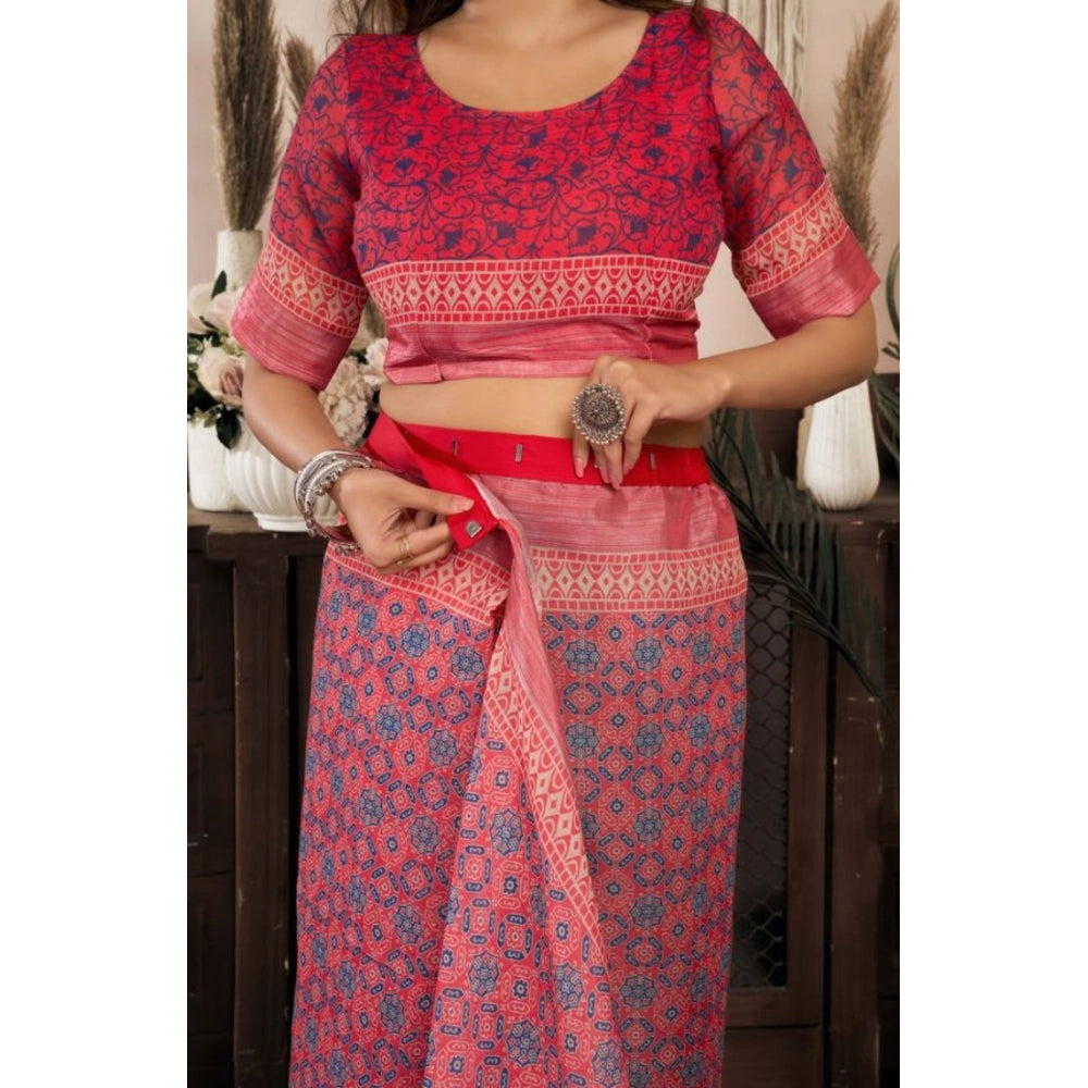 Women's Faux Linen Geometric Print Ready to wear Saree With Unstitched Blouse 5.5Mtr (Red) - VANSHELLE