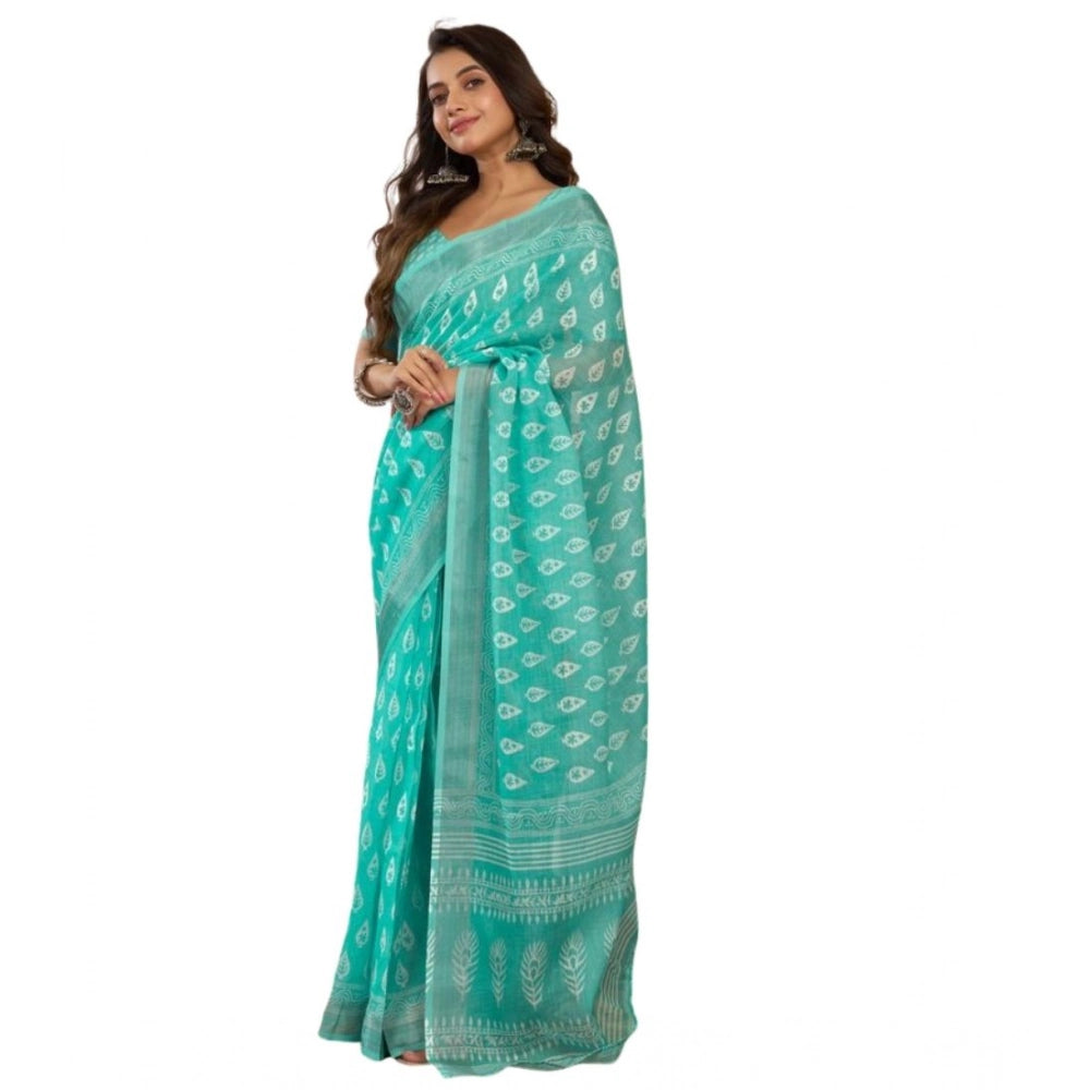 Women's Faux Linen Leaf Print Ready to wear Saree With Unstitched Blouse 5.5Mtr (SeaGreen) - VANSHELLE