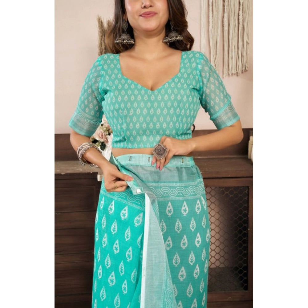 Women's Faux Linen Leaf Print Ready to wear Saree With Unstitched Blouse 5.5Mtr (SeaGreen) - VANSHELLE